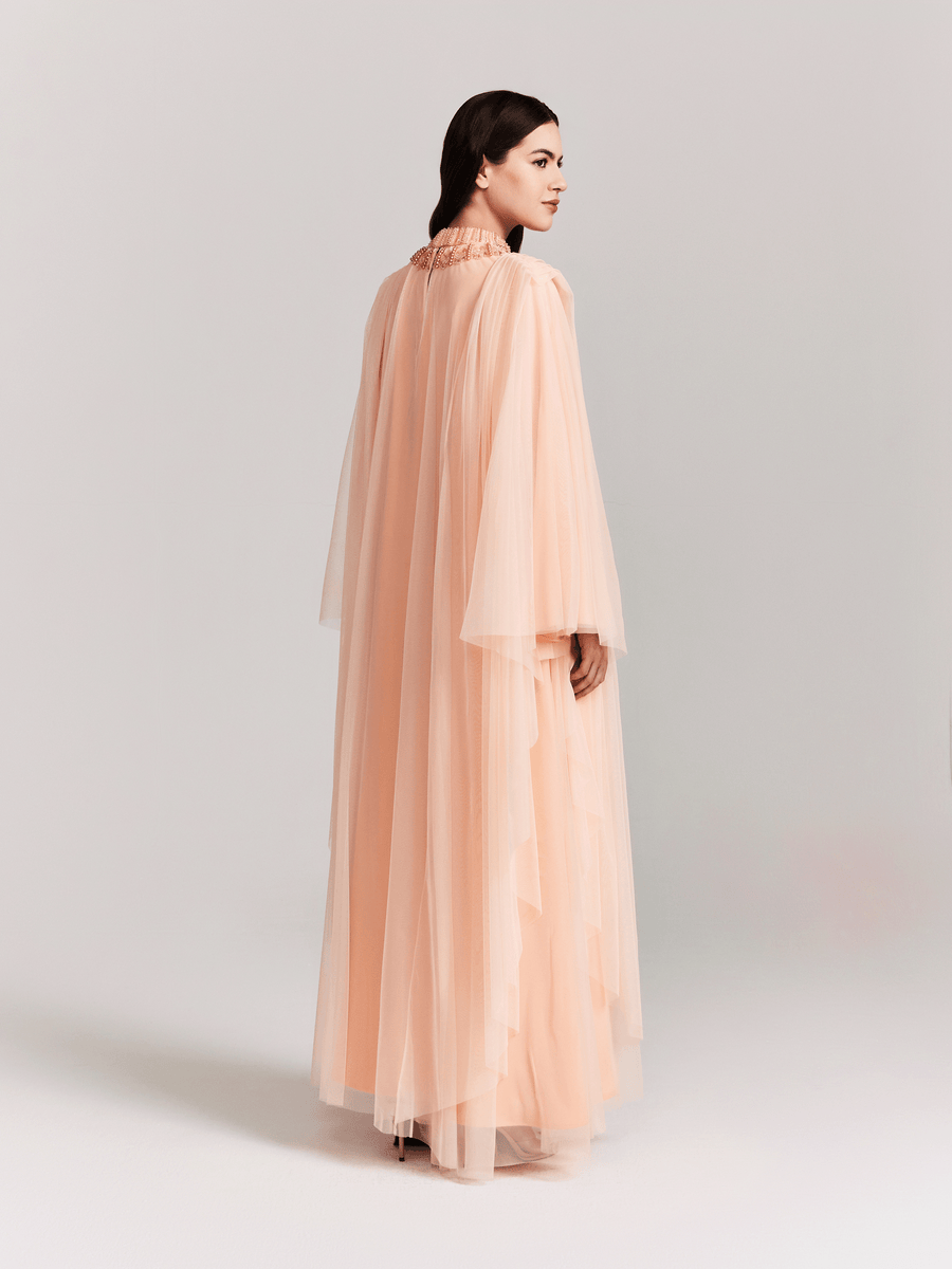 Peach Tulle Dress with A Draped Bust