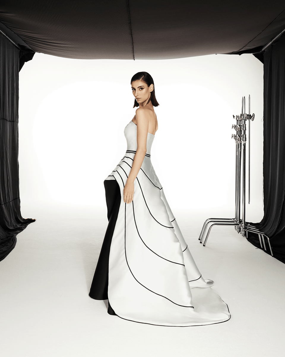 WHITE AND BLACK SATIN DRESS WITH PIPING TRAIL – THA SEEN