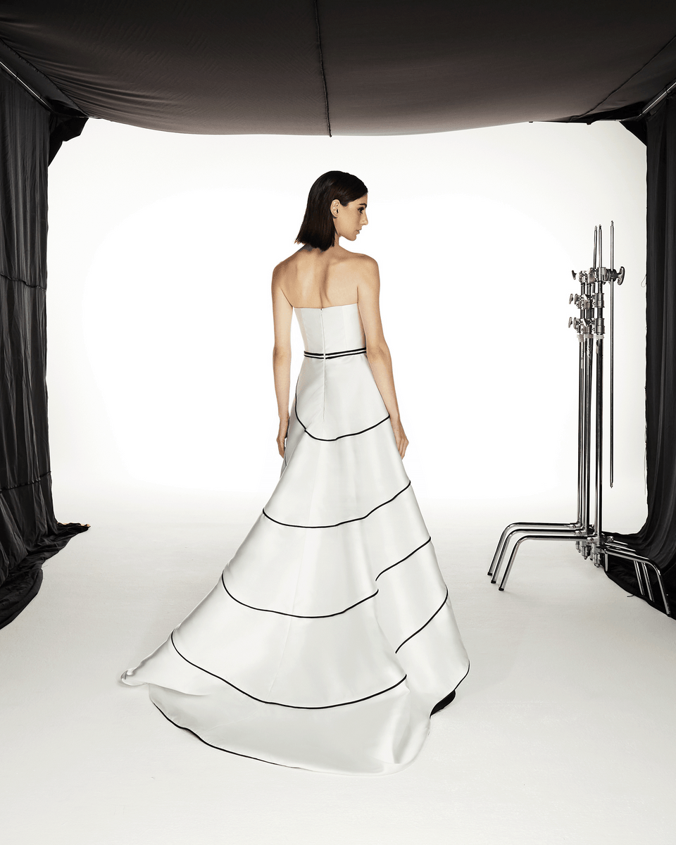 WHITE AND BLACK SATIN DRESS WITH PIPING TRAIL – THA SEEN