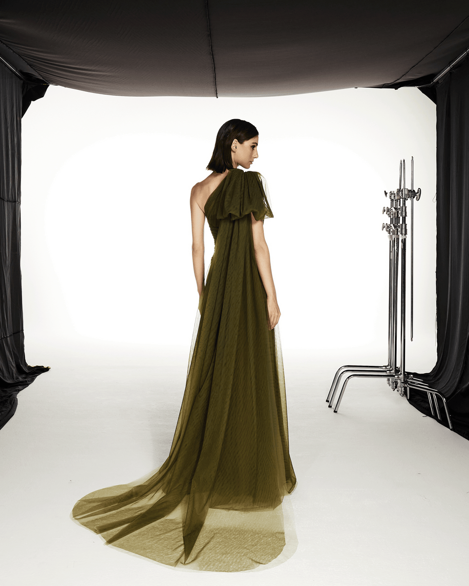 Sleeveless One Shoulder Tulle Pleated Dress Clover
