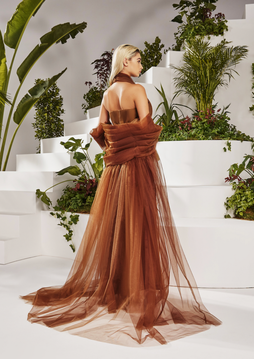 brown tulle dress OMBRE FIT AND FLARE WITH CAPE Satin Black Abaya, Islamic waffle-knit The best Length:60 [+$ 4.99]