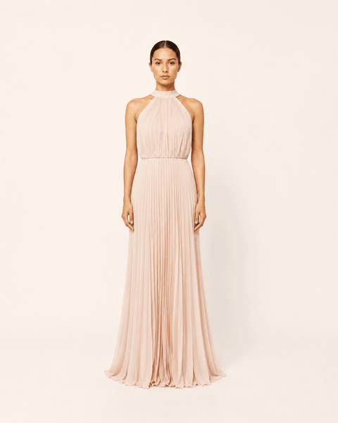 LIGHT BLUSH PLEATED CHIFFON WITH TRAIL