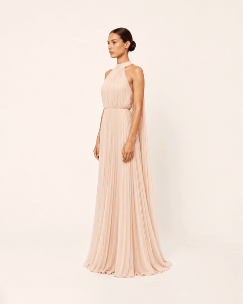 LIGHT BLUSH PLEATED CHIFFON WITH TRAIL