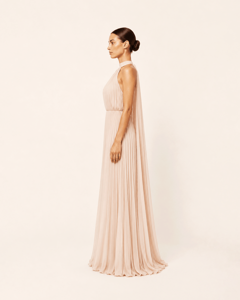 LIGHT BLUSH PLEATED CHIFFON WITH TRAIL