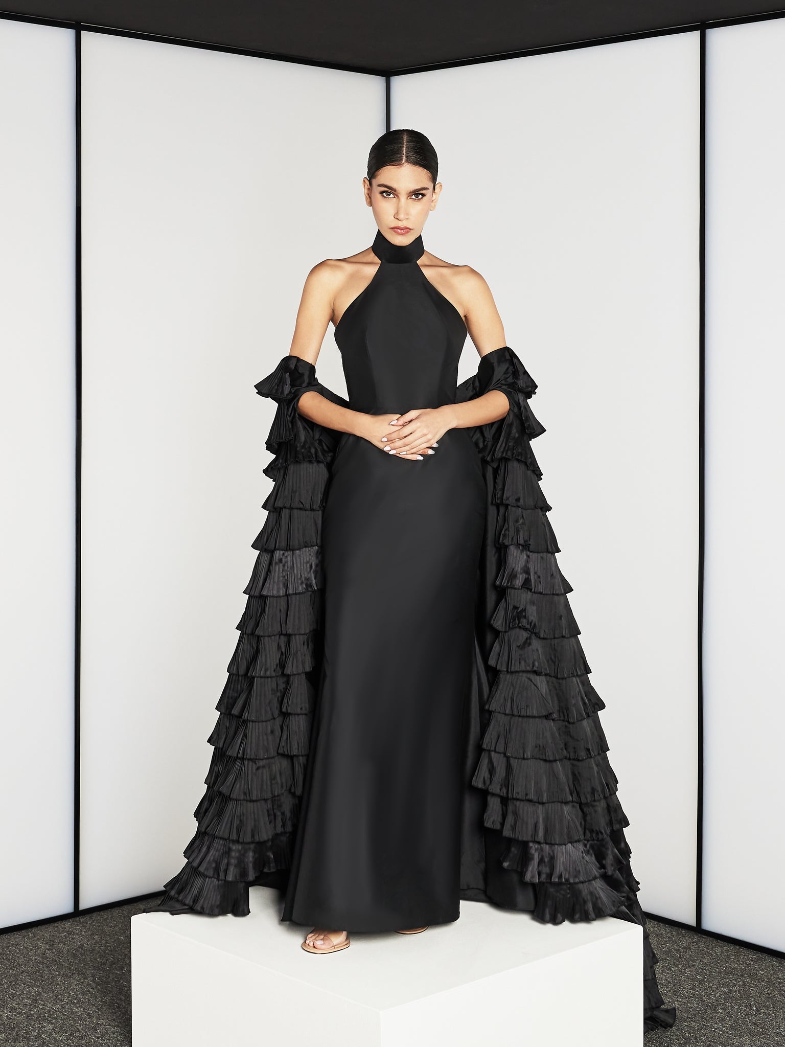 HALTERNECK FISH CUT DRESS WITH PLEATED MULTI LAYER RUFFLES CAPE