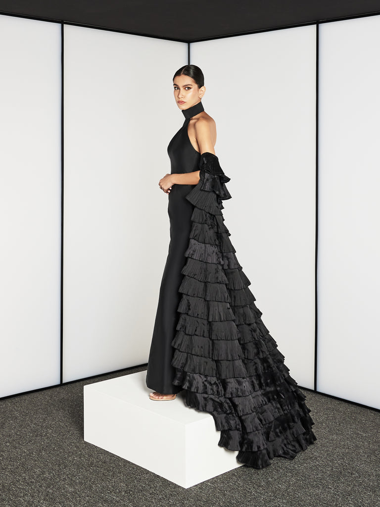 HALTERNECK FISH CUT DRESS WITH PLEATED RUFFLES CAPE – THA SEEN