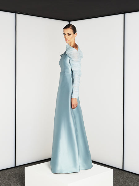 ASYMMETRIC TWO TONED TULLE SLEEVES AND SATIN DRESS