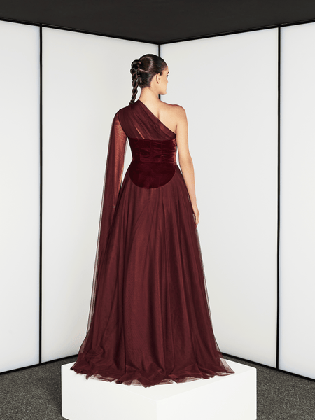 MAROON VELVET AND TULLE DRESS WITH TRAIL