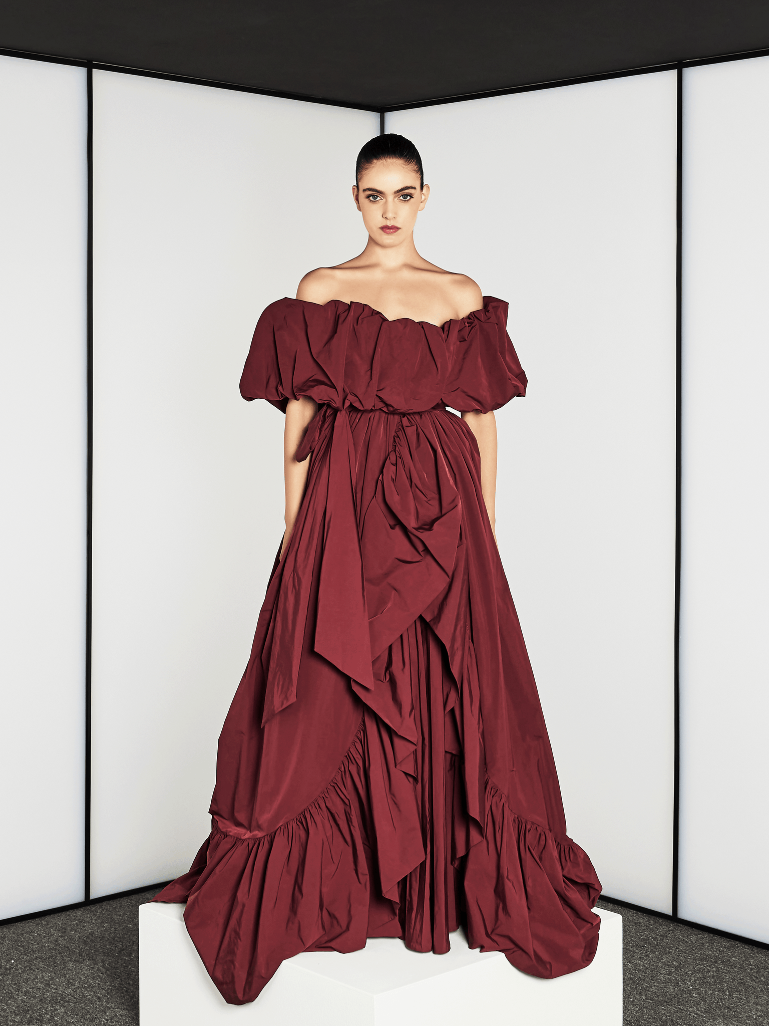 BURGUNDY MATTE SATIN TUBE DRESS WITH DRAMATIC CAPE AND BELT THA SEEN BURGUNDY MATTE SATIN TUBE DRESS WITH DRAMATIC CAPE AND BELT THA SEEN