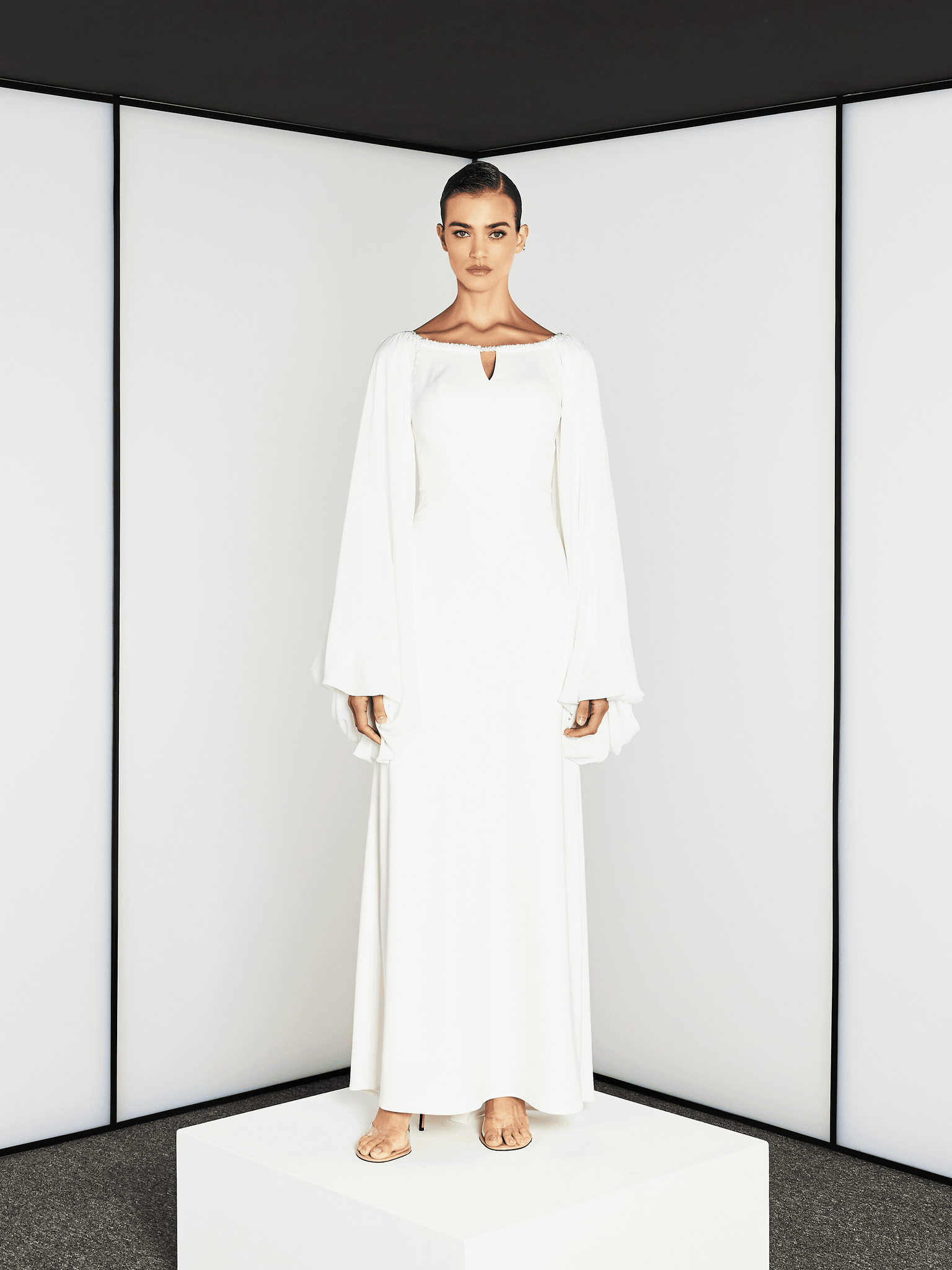SEMI A-LINE CUT WITH DRAMATIC SLEEVES AND EMBROIDERY
