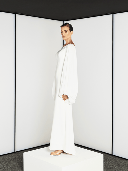 SEMI A-LINE CUT WITH DRAMATIC SLEEVES AND EMBROIDERY