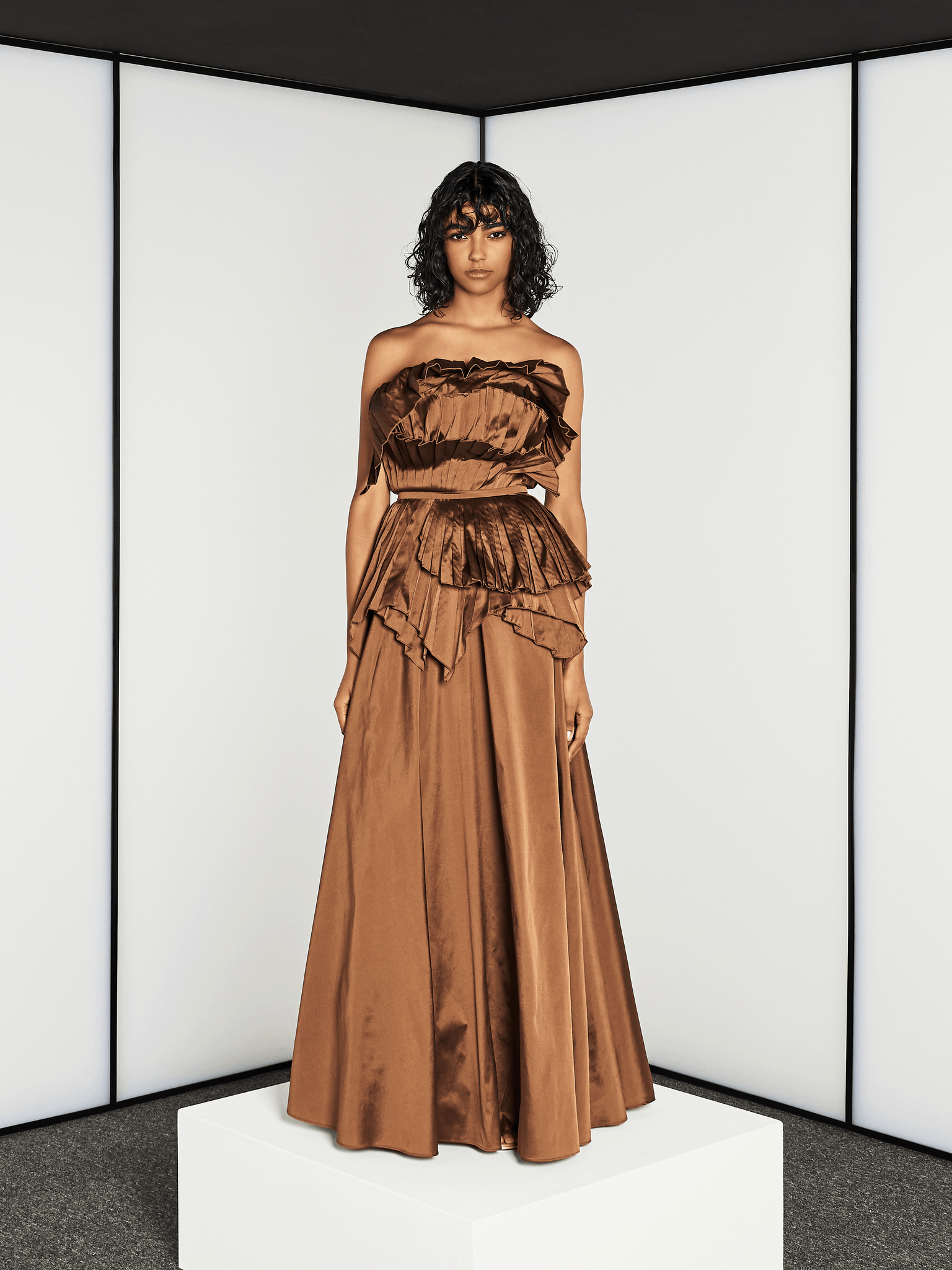 bronze pleated dress Olympia Bronze Pleated One Shoulder Gown S