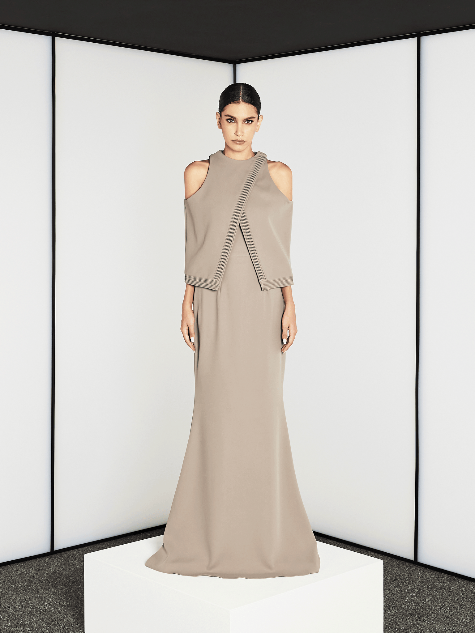 FITTED TUBE DRESS WITH OVERLAPPING PIPING CAPE