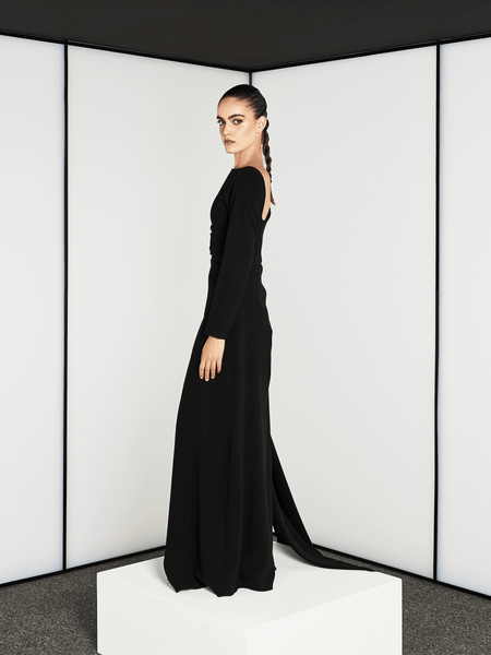 BLACK CREPE CURVED BACK DRESS WITH ATTACHED BELT TRAIL