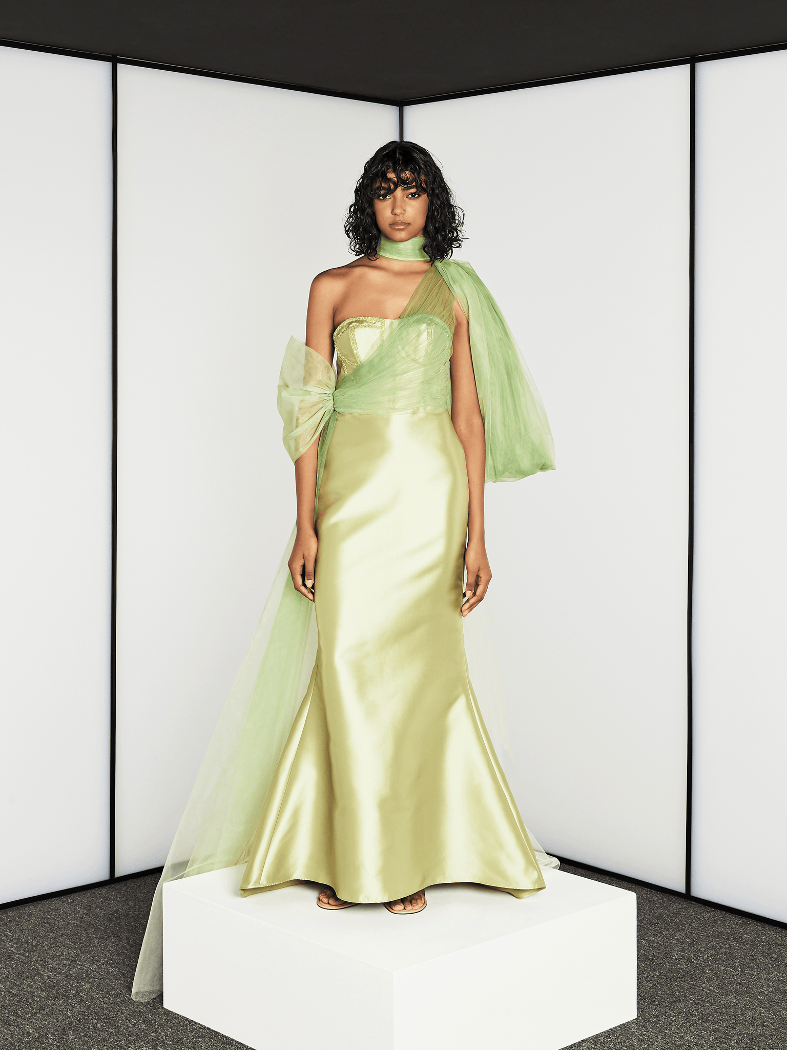LIGHT GREEN SATIN EMBROIDERED CORSET DRESS WITH OMBRE TULLE TRAIL