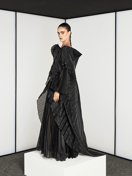 PLEATED SEMI A-LINE DRESS WITH DRAMATIC CAPE IN ORGANZA
