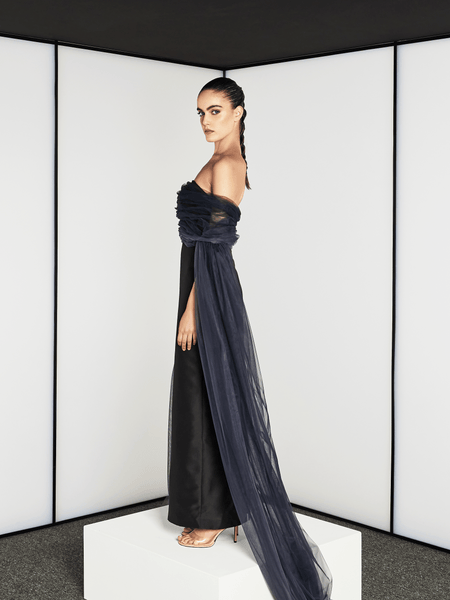 Wedding Dress Couture Tulle Dress SATIN TUBE DRESS WITH OMBRE TULLE SLEEVE TRAILS THA SEEN Wedding Dress Couture Tulle Dress SATIN TUBE DRESS WITH OMBRE TULLE SLEEVE TRAILS THA SEEN