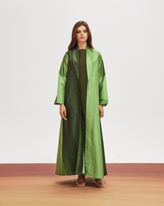 GREEN OMBRE PRINTED RAW SILK ABAYA WITH CREPE INNER DRESS