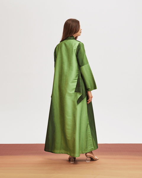 GREEN OMBRE PRINTED RAW SILK ABAYA WITH CREPE INNER DRESS