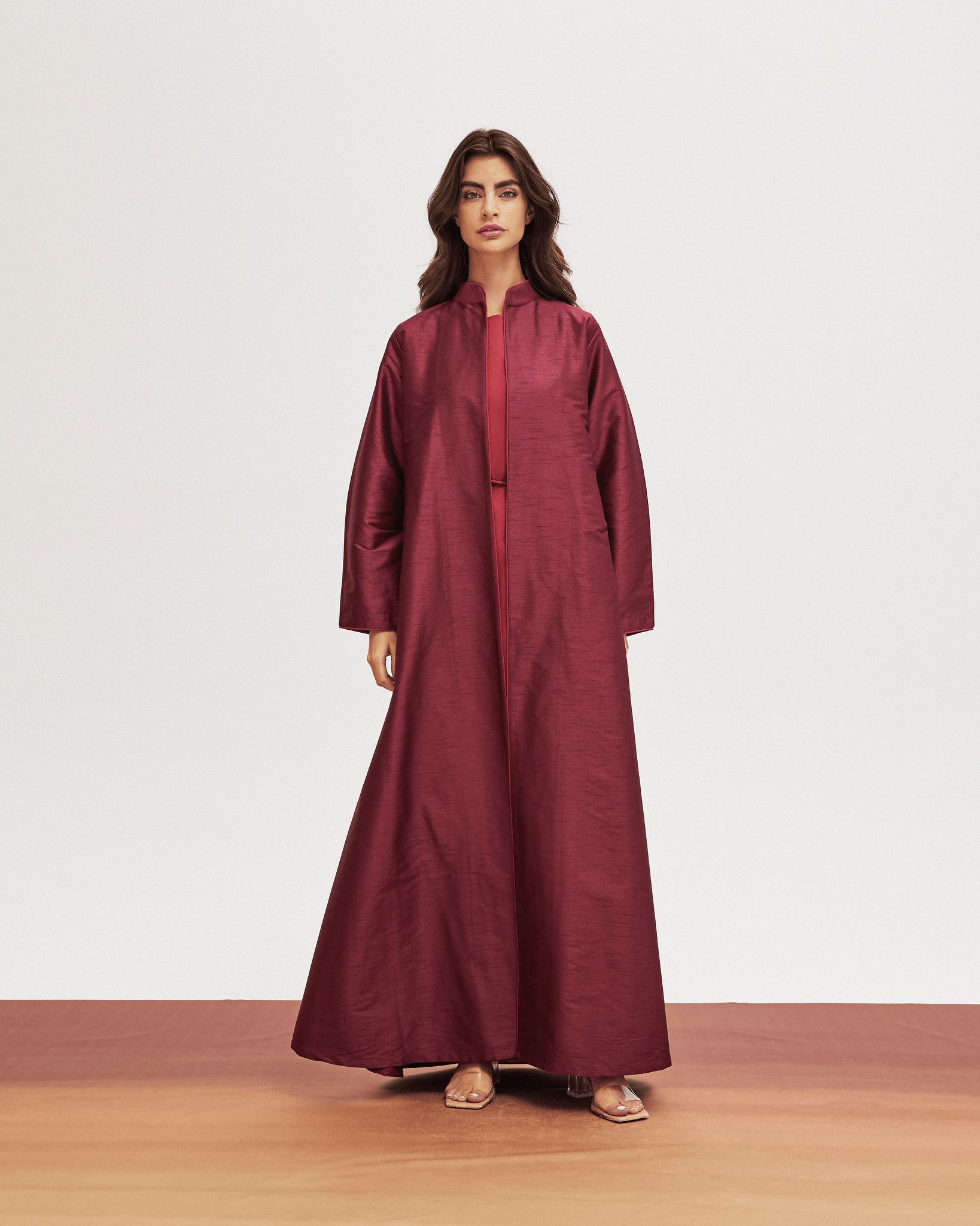 RED PLAIN RAW SILK ABAYA WITH CREPE INNER DRESS AND EMBROIDERED BELT