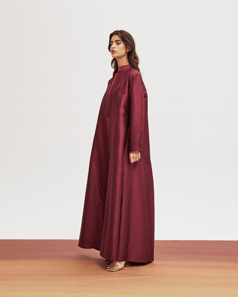 RED PLAIN RAW SILK ABAYA WITH CREPE INNER DRESS AND EMBROIDERED BELT