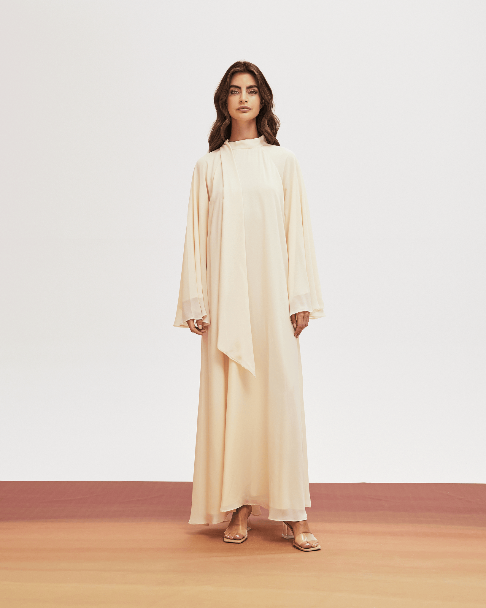 CREAM HIGH NECK CHIFFON LOOSE FIT DRESS THA SEEN CREAM HIGH NECK CHIFFON LOOSE FIT DRESS THA SEEN