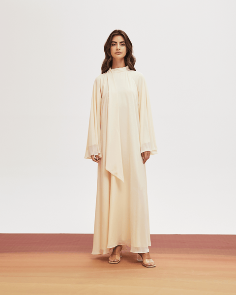 CREAM HIGH NECK CHIFFON LOOSE FIT DRESS THA SEEN CREAM HIGH NECK CHIFFON LOOSE FIT DRESS THA SEEN