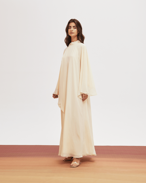 CREAM HIGH NECK CHIFFON LOOSE FIT DRESS THA SEEN CREAM HIGH NECK CHIFFON LOOSE FIT DRESS THA SEEN