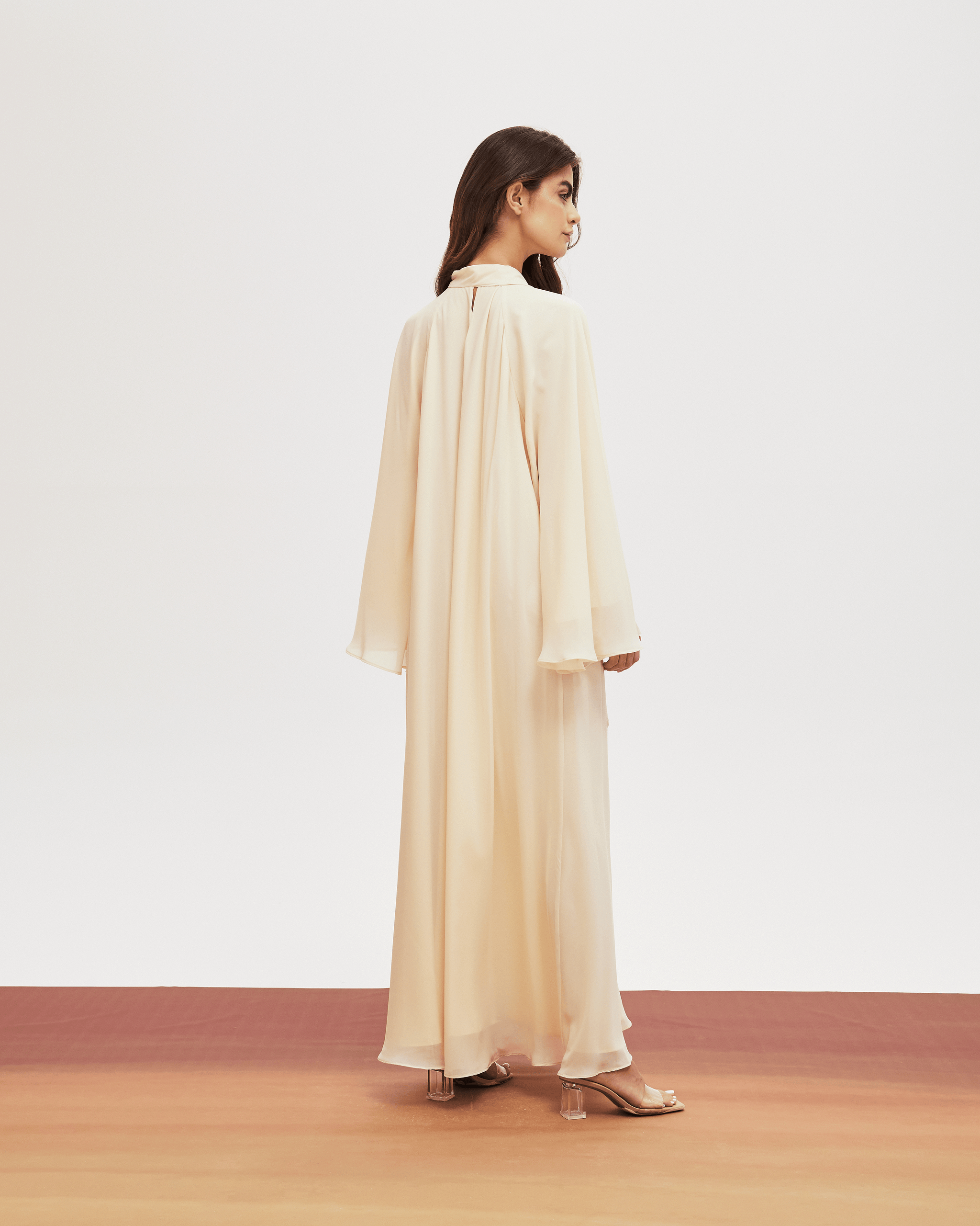 CREAM HIGH NECK CHIFFON LOOSE FIT DRESS  THA SEEN