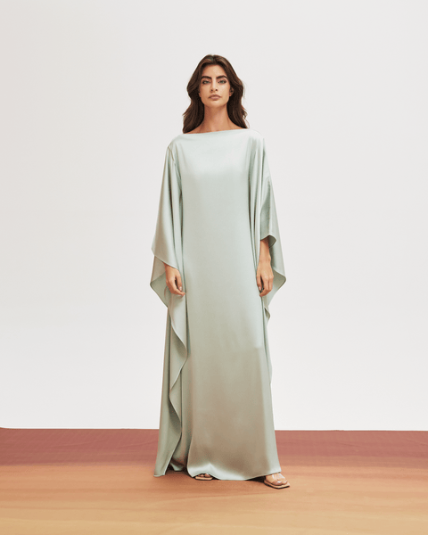 MINT SILK CREPE LOOSE FIT DRESS WITH EMBROIDERED TASSELS