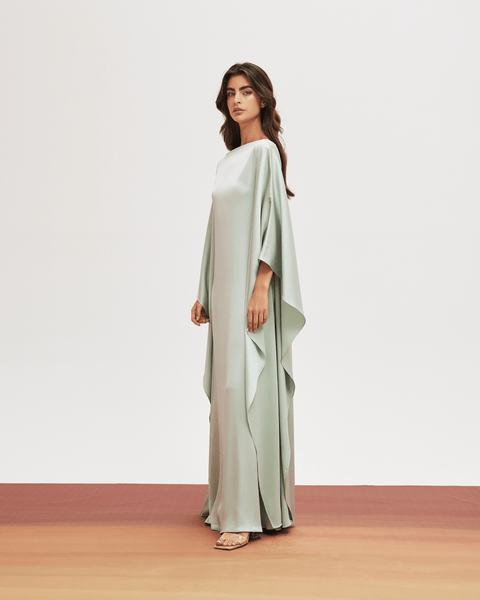 MINT SILK CREPE LOOSE FIT DRESS WITH EMBROIDERED TASSELS
