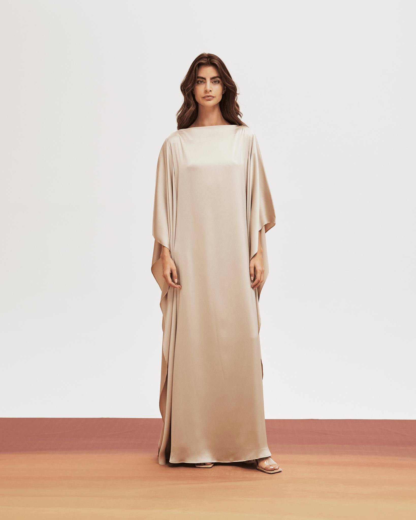 BEIGE SILK CREPE LOOSE FIT DRESS WITH EMBROIDERED TASSELS