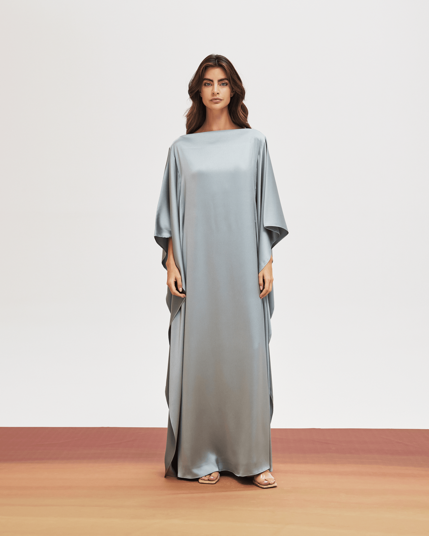 BLUE SILK CREPE LOOSE FIT DRESS WITH EMBROIDERED TASSELS