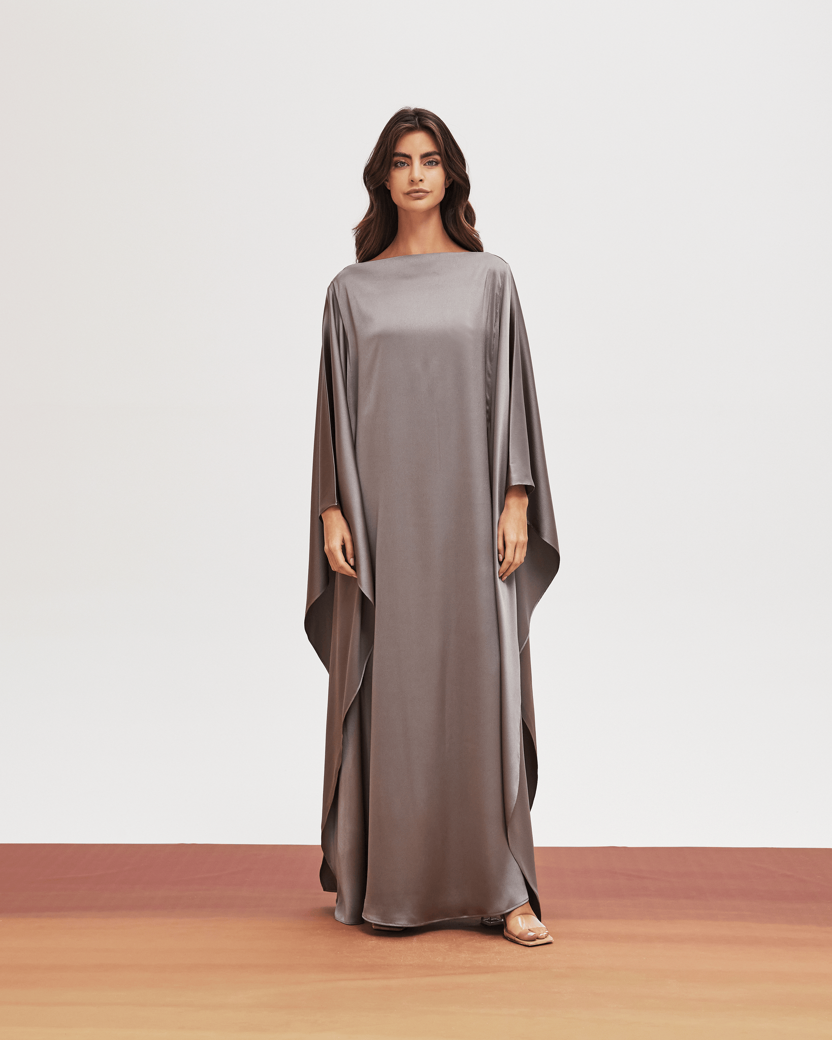 grey crepe dress V-Neck Faux Wrap Viscose Crepe Midi Dress In Grey