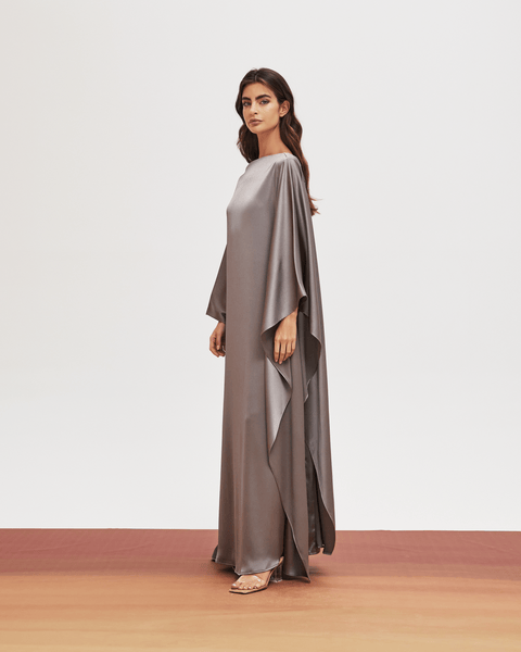 GREY SILK CREPE LOOSE FIT DRESS WITH EMBROIDERED TASSELS