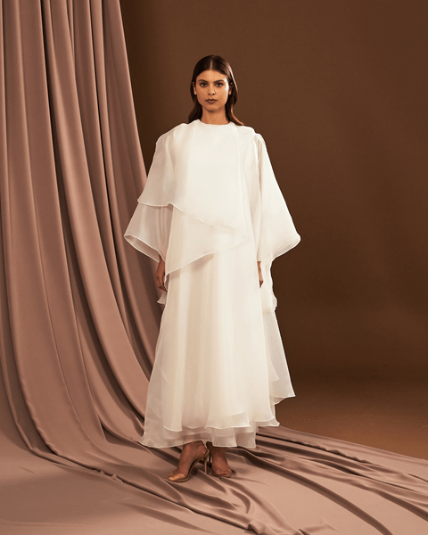 WHITE ORGANZA DRAPED OVERLAY DRESS THA SEEN WHITE ORGANZA DRAPED OVERLAY DRESS THA SEEN