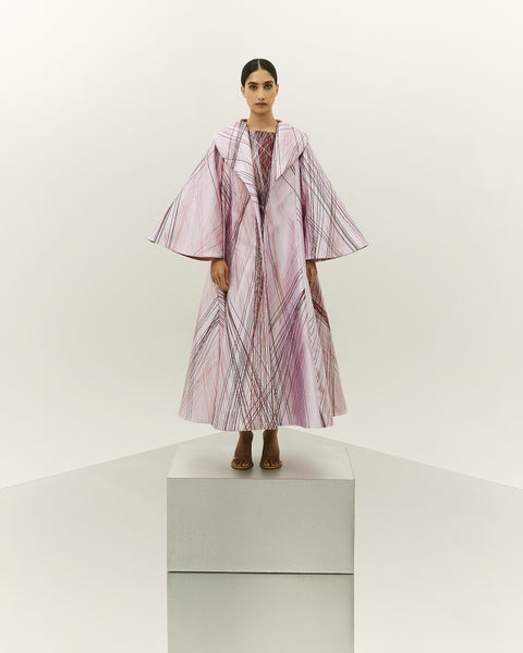 LIGHT PINK AND MAROON PRINTED OVERSIZED ABAYA WITH INNER DRESS AND EMBROIDERED BELT