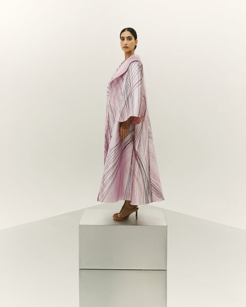 LIGHT PINK AND MAROON PRINTED OVERSIZED ABAYA WITH INNER DRESS AND EMBROIDERED BELT