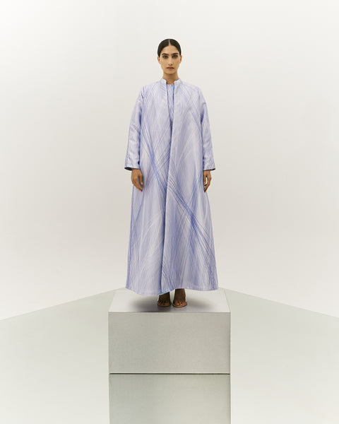 LIGHT BLUE PRINTED OVERSIZED ABAYA WITH INNER DRESS AND EMBROIDERED BELT