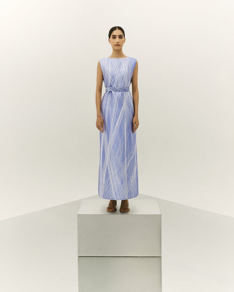 LIGHT BLUE PRINTED OVERSIZED ABAYA WITH INNER DRESS AND EMBROIDERED BELT