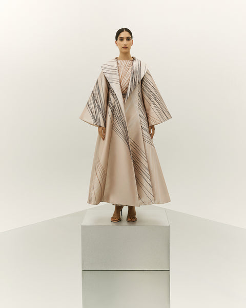 BEIGE PRINTED OVERSIZED ABAYA WITH INNER DRESS AND EMBROIDERED BELT