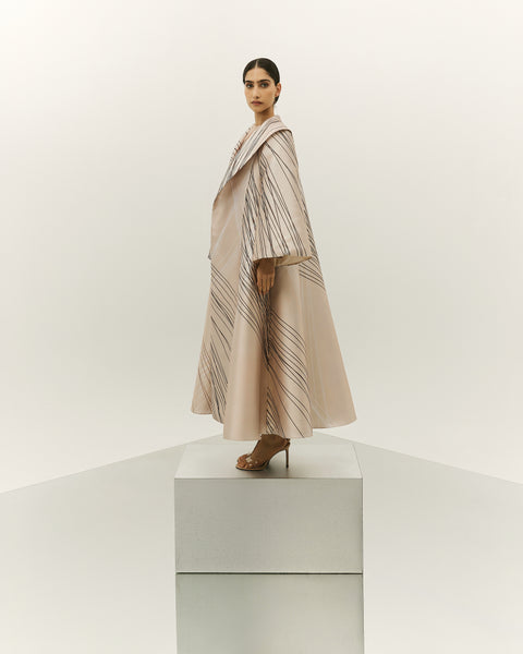 BEIGE PRINTED OVERSIZED ABAYA WITH INNER DRESS AND EMBROIDERED BELT