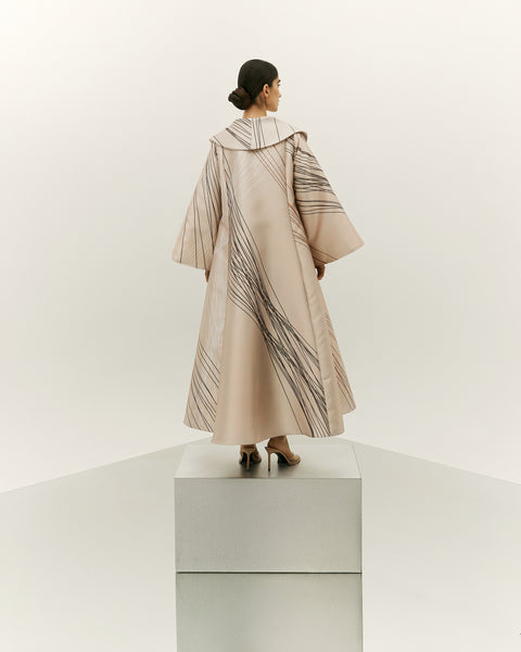 BEIGE PRINTED OVERSIZED ABAYA WITH INNER DRESS AND EMBROIDERED BELT