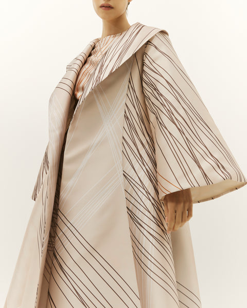 BEIGE PRINTED OVERSIZED ABAYA WITH INNER DRESS AND EMBROIDERED BELT