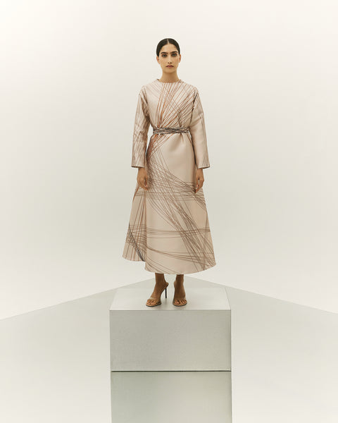 BEIGE PRINTED OVERSIZED ABAYA WITH INNER DRESS AND EMBROIDERED BELT