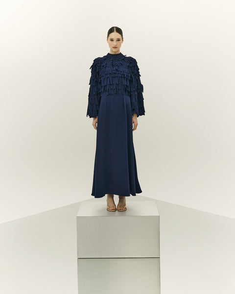 NAVY BLUE FRINGED LASER CUT SEMI-FIT CREPE DRESS