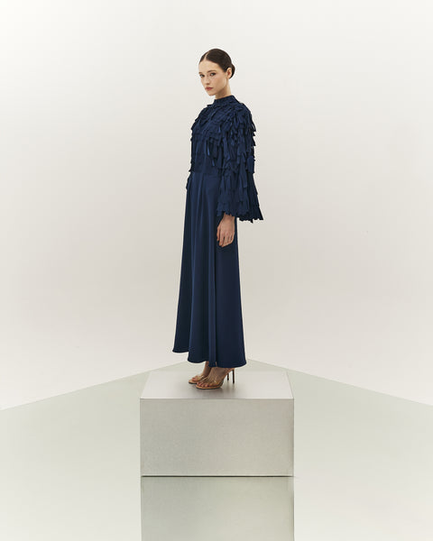 NAVY BLUE FRINGED LASER CUT SEMI-FIT CREPE DRESS