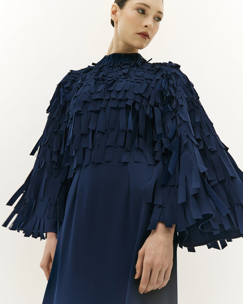 NAVY BLUE FRINGED LASER CUT SEMI-FIT CREPE DRESS
