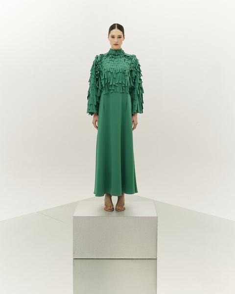 FOREST GREEN FRINGED LASER CUT SEMI-FIT CREPE DRESS