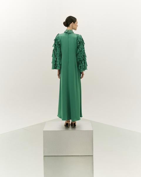 FOREST GREEN FRINGED LASER CUT SEMI-FIT CREPE DRESS